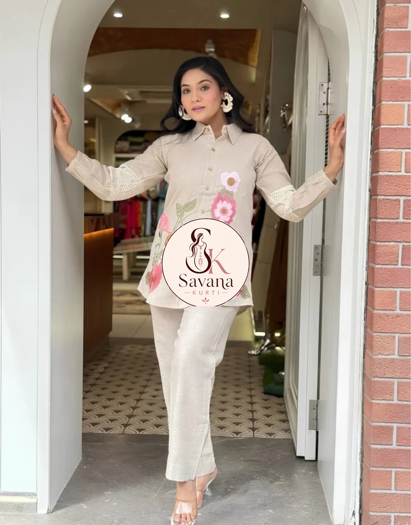 Applique Embroidered Jute Co-Ord Set