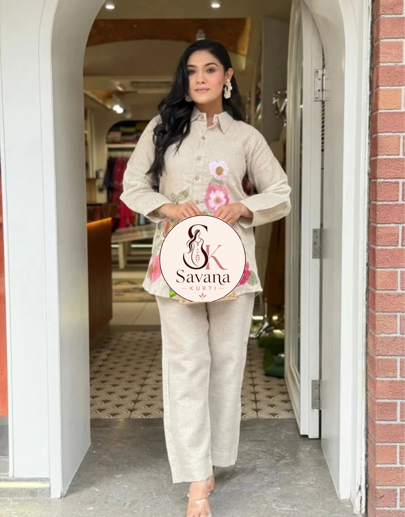 Applique Embroidered Jute Co-Ord Set