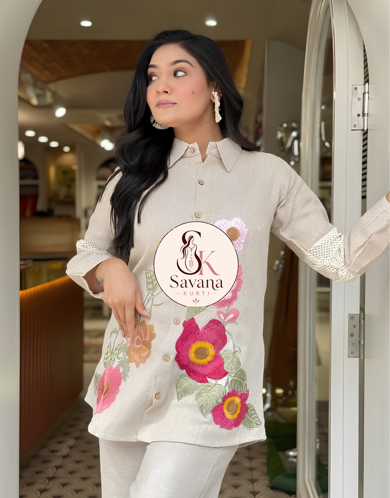 Applique Embroidered Jute Co-Ord Set