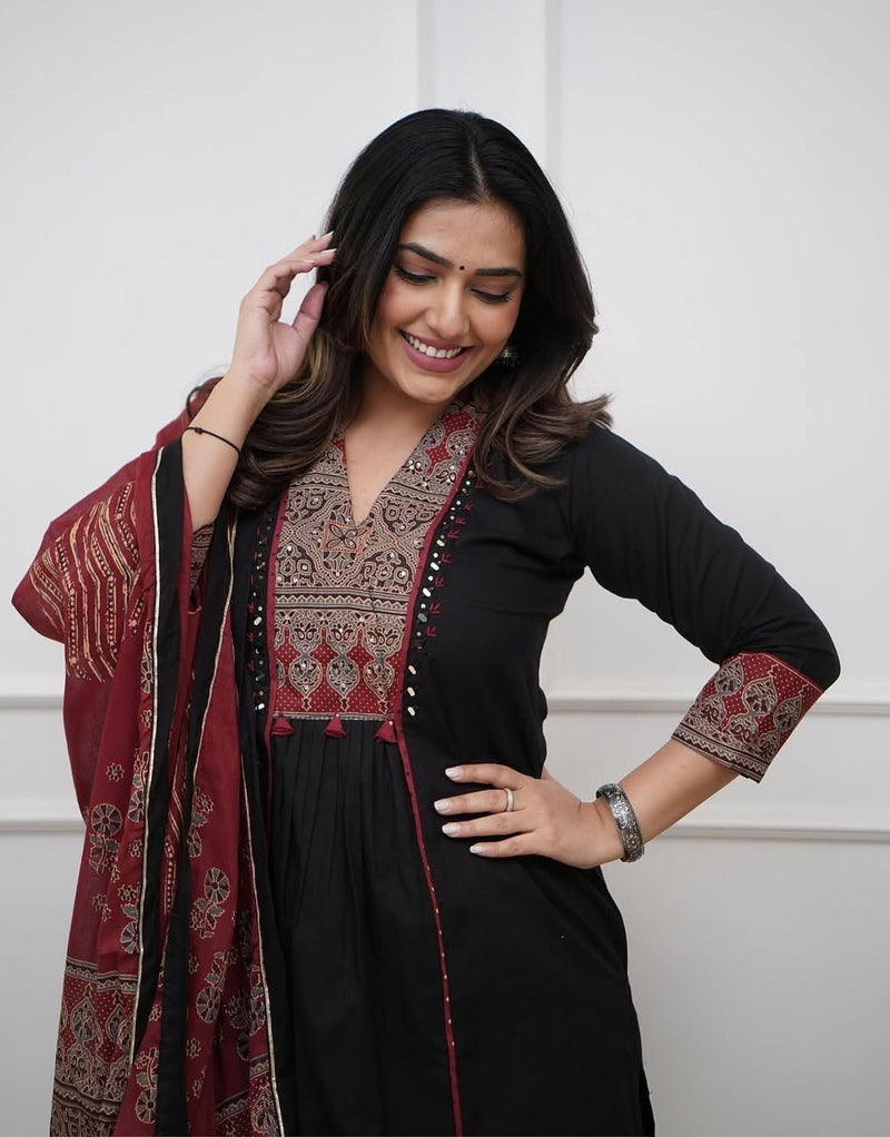 Ruhi Black Ajrakh Patch Aline Kurta Set
