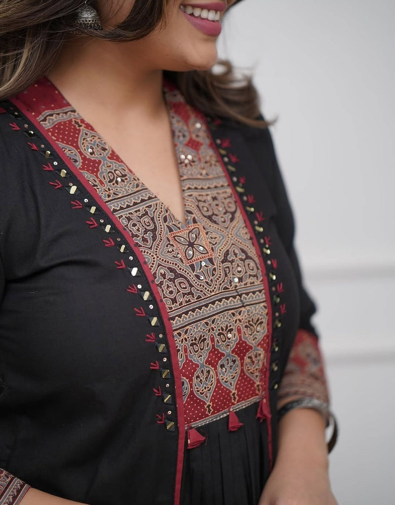 Ruhi Black Ajrakh Patch Aline Kurta Set