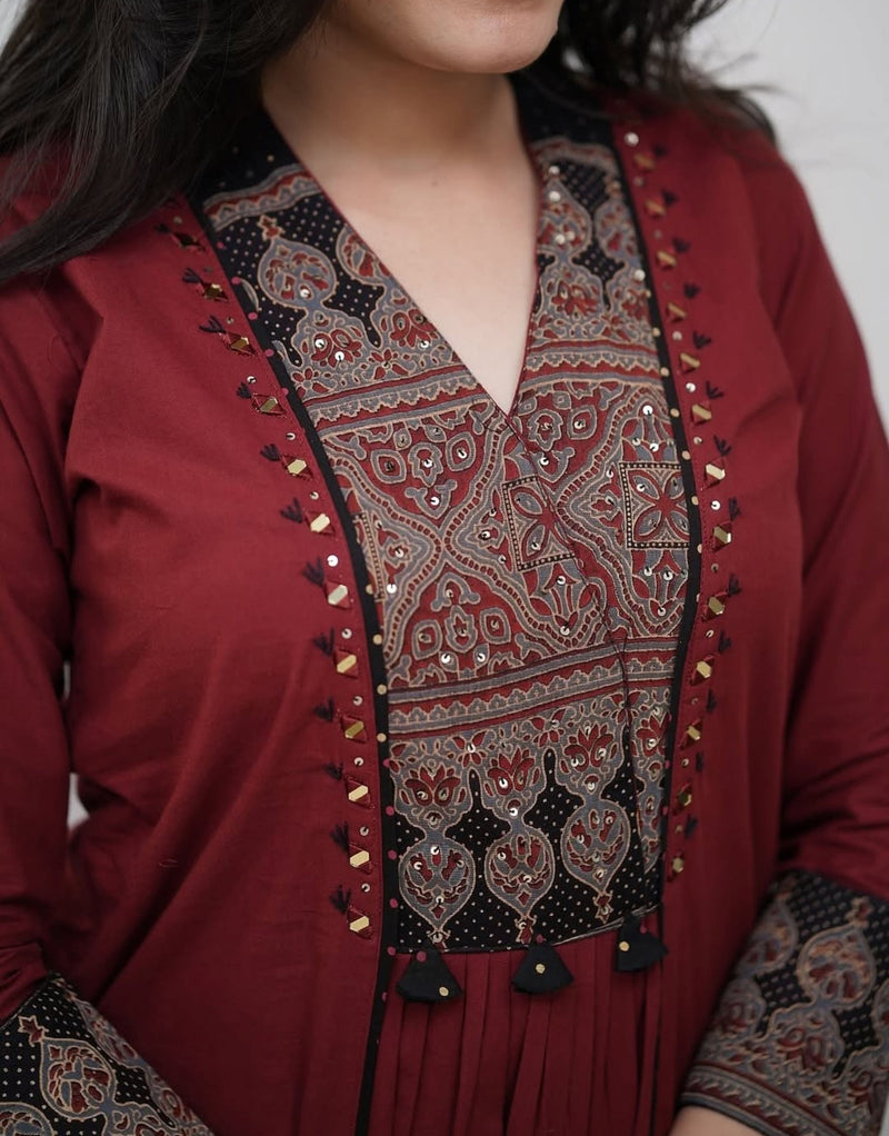 Ruhi Maroon Ajrakh Patch Aline Kurta Set