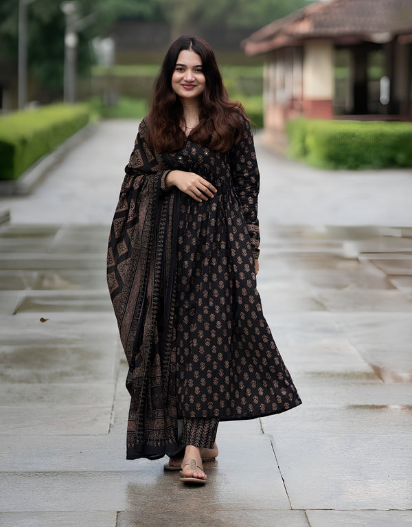 Black Ajrakh Alia Cut Anarkali Set