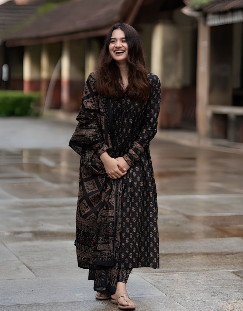 Black Ajrakh Alia Cut Anarkali Set