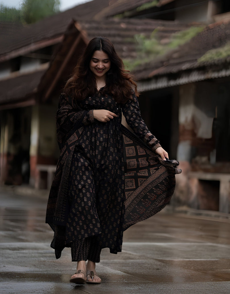 Black Ajrakh Alia Cut Anarkali Set