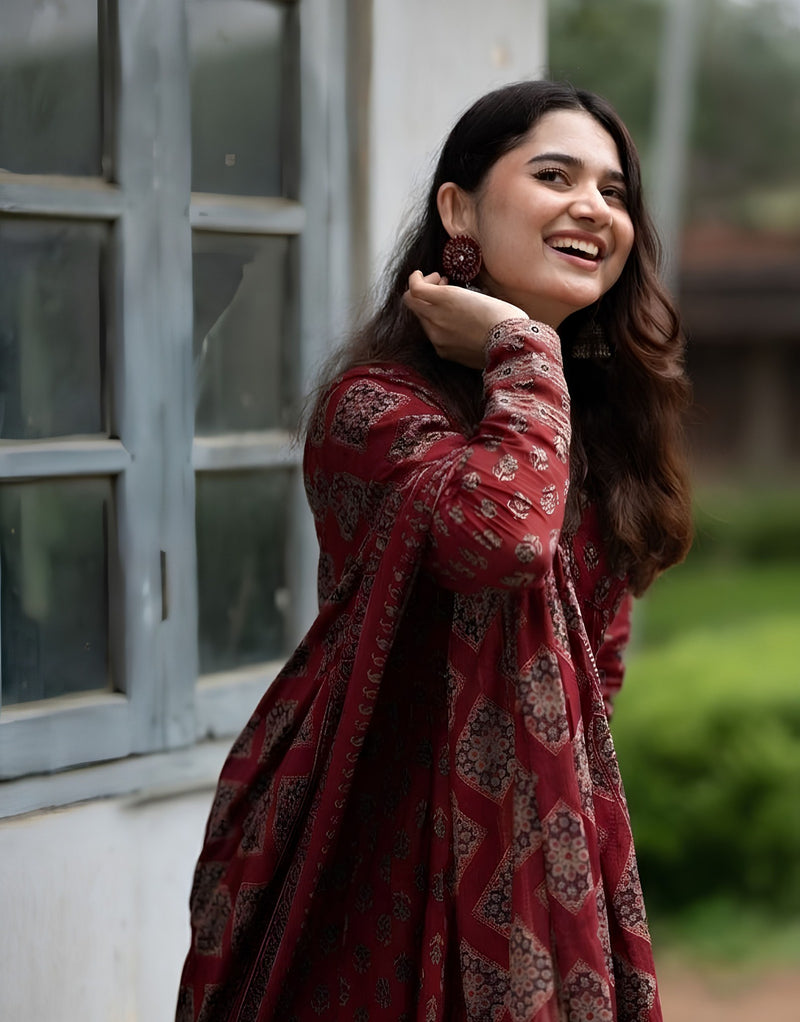 Red Ajrakh Alia Cut Anarkali Set