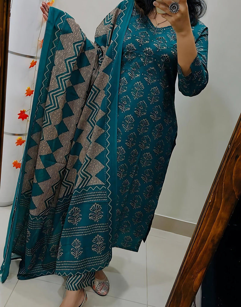 Krisha Blue Cotton printed kurta set