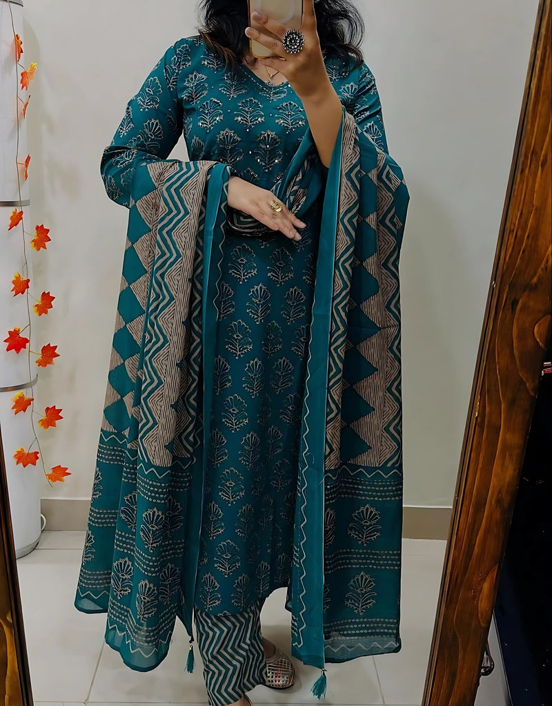 Krisha Blue Cotton printed kurta set
