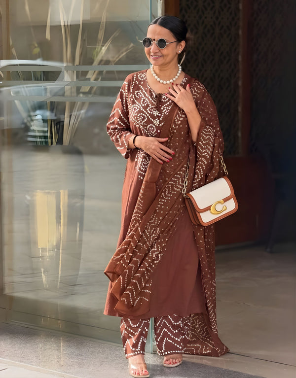 Gangori Bandhej Chocolate Kurta Set