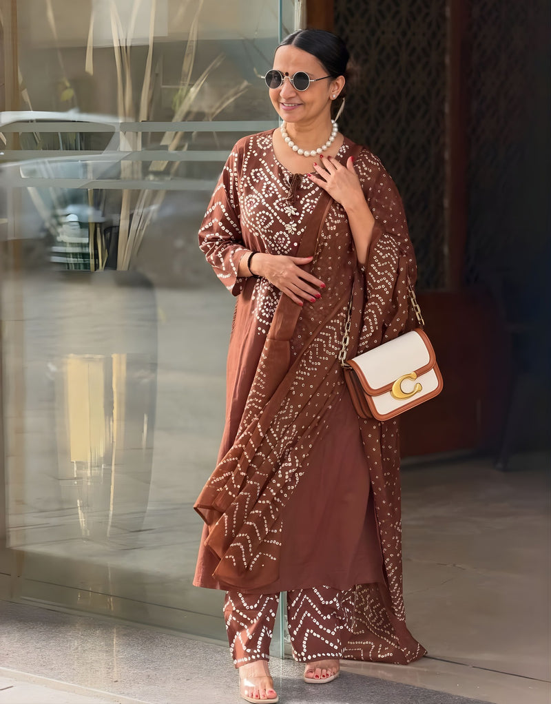 Gangori Bandhej Chocolate Kurta Set