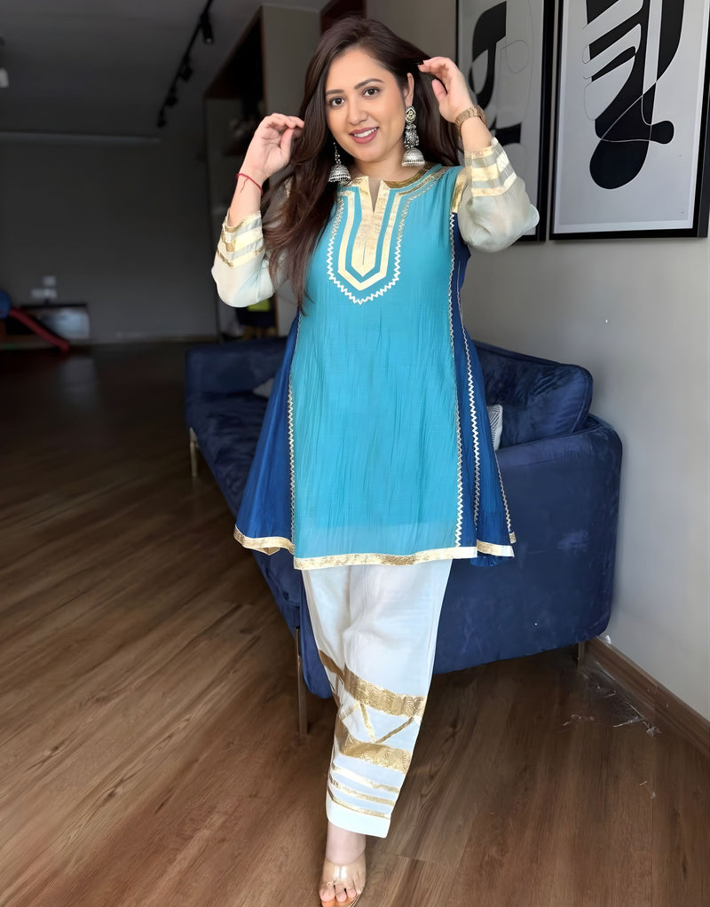 Gota Patti Ethnic Teal Ivory Coord Set
