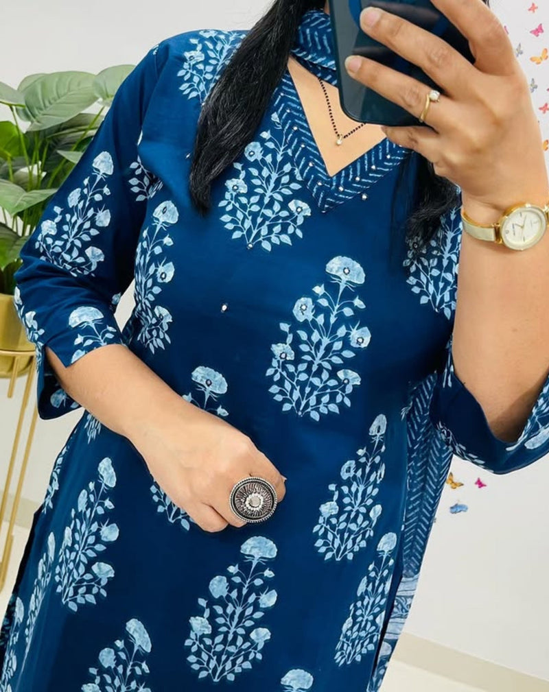 Blue Mughal Printed cotton kurta set