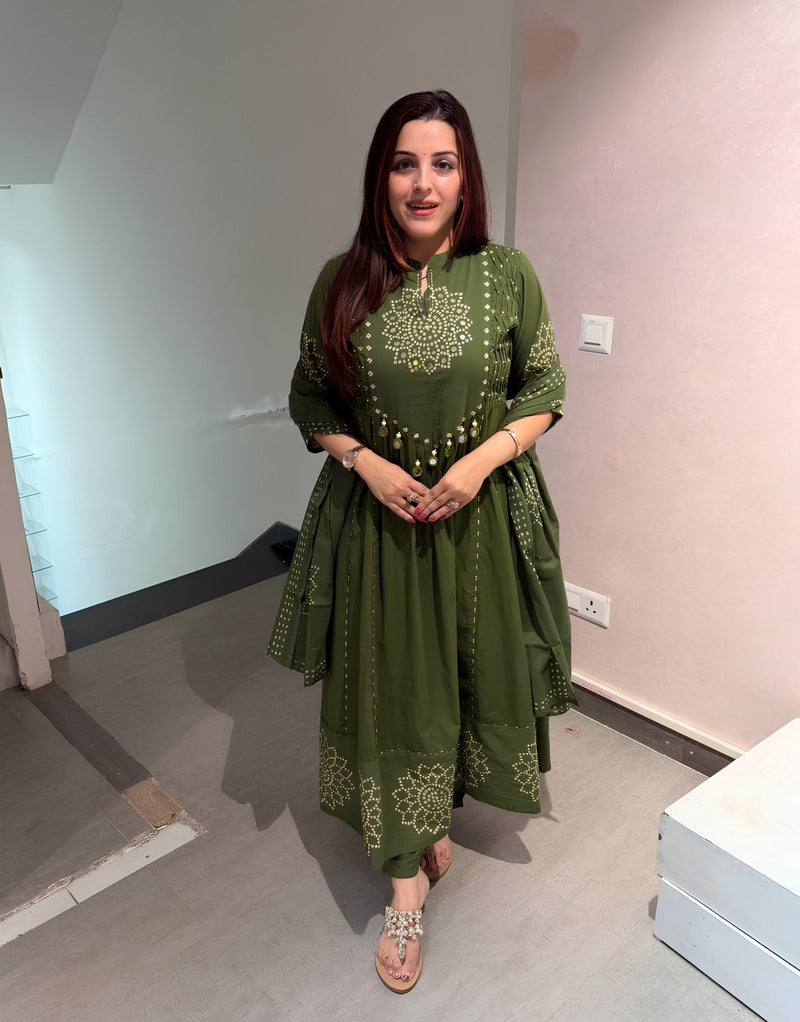 Designer Olive Green Bandhani Aline Kurti Set