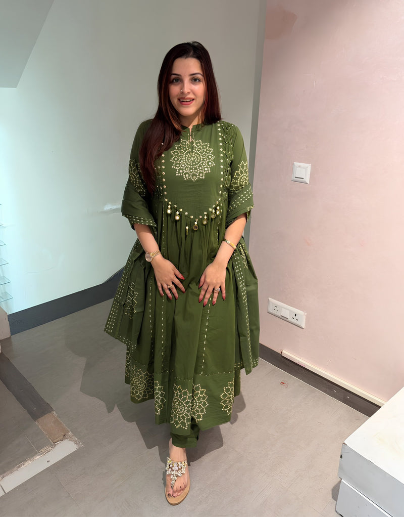 Designer Olive Green Bandhani Aline Kurti Set