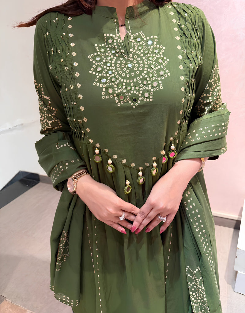 Designer Olive Green Bandhani Aline Kurti Set