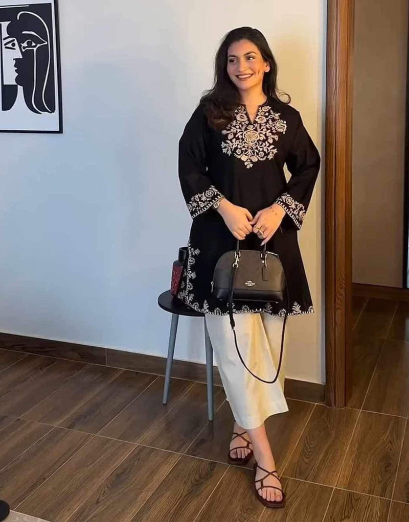 Raha Short Black Embroidered Kurta with pants