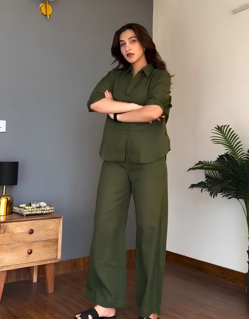 Veloura Ease Olive Green Linen Co-Ord Set