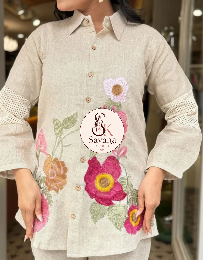 Applique Embroidered Jute Co-Ord Set