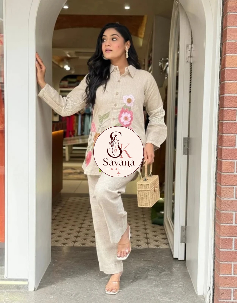 Applique Embroidered Jute Co-Ord Set