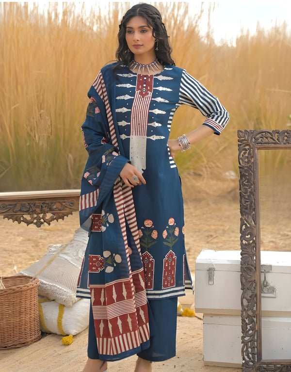 Blue Ajrakh printed Modal Cotton Kurta Set