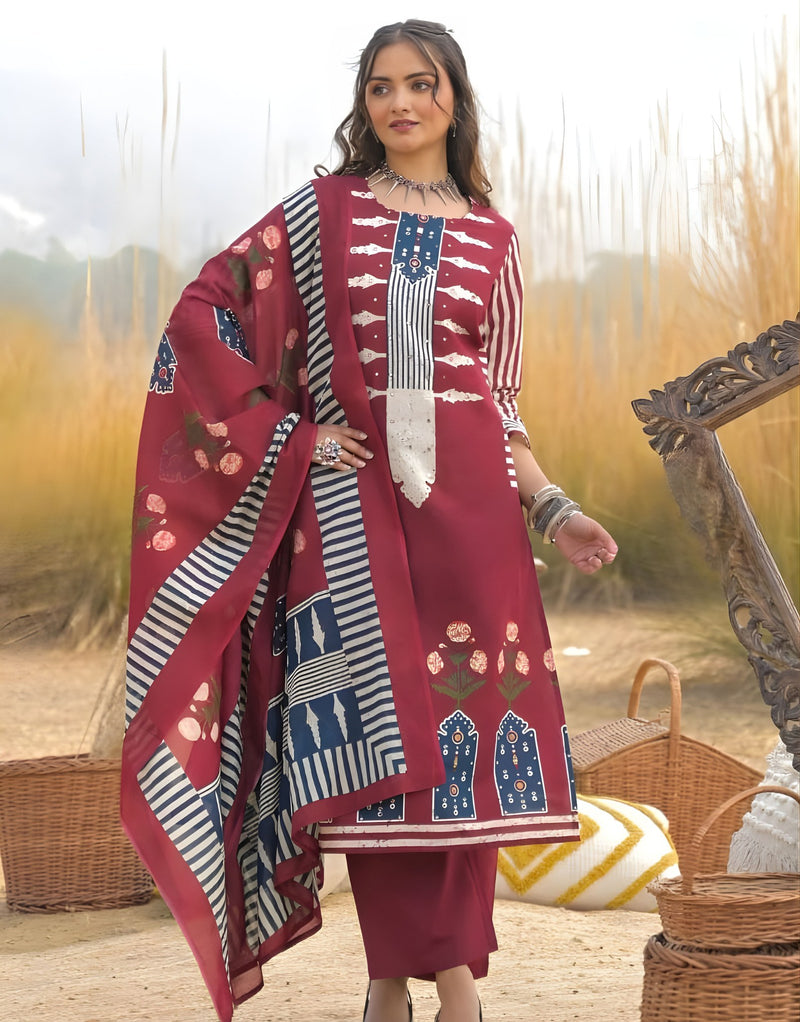 Maroon Ajrakh printed Modal Kurta Set