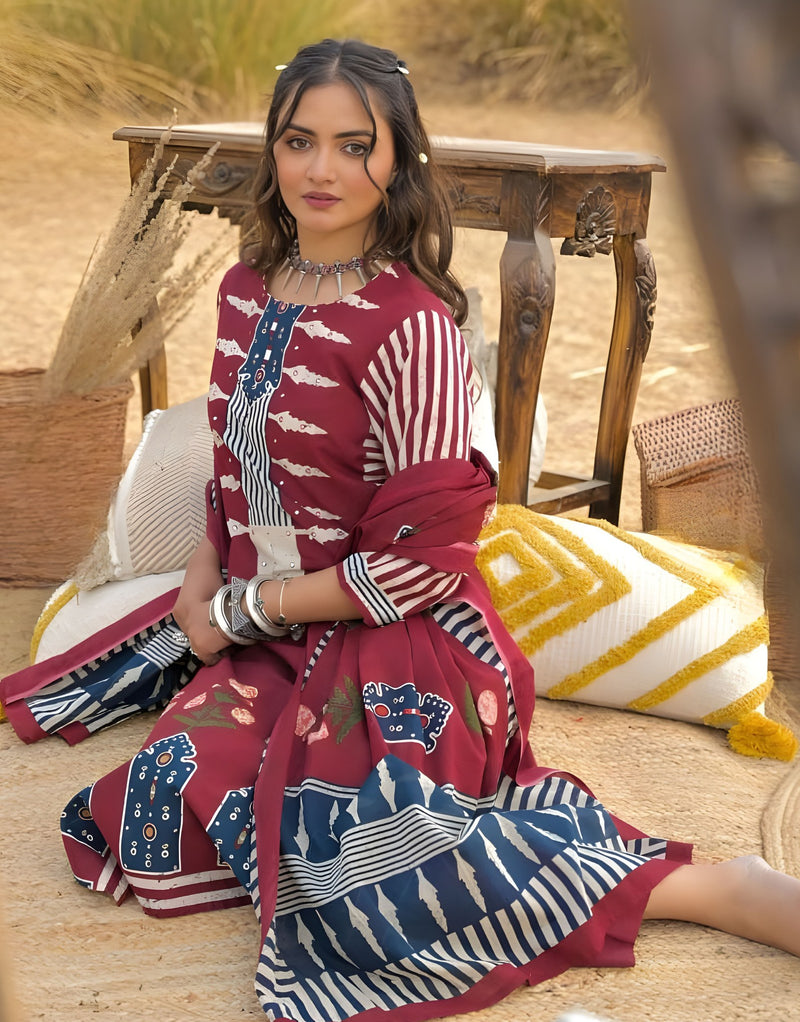 Maroon Ajrakh printed Modal Kurta Set