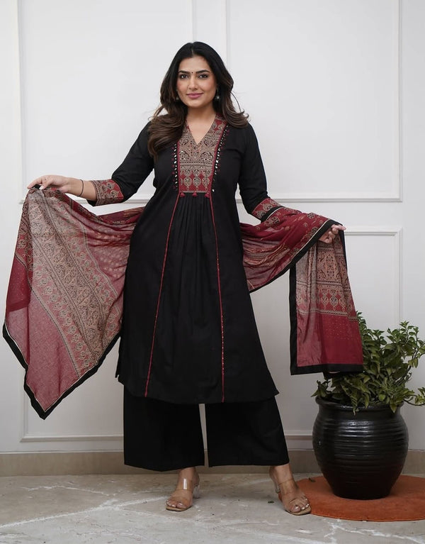 Ruhi Black Ajrakh Patch Aline Kurta Set