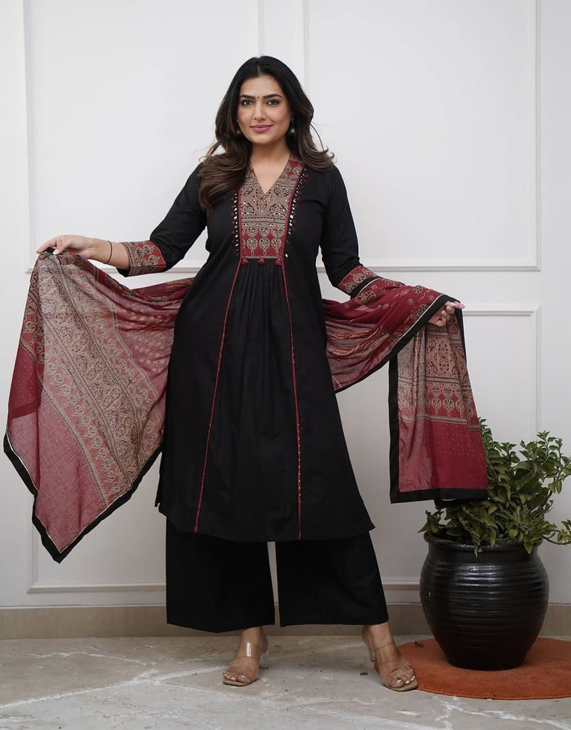 Ruhi Black Ajrakh Patch Aline Kurta Set
