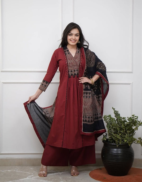 Ruhi Maroon Ajrakh Patch Aline Kurta Set
