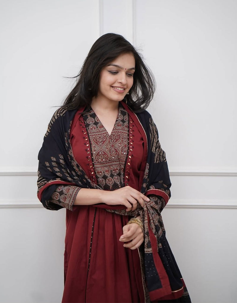 Ruhi Maroon Ajrakh Patch Aline Kurta Set