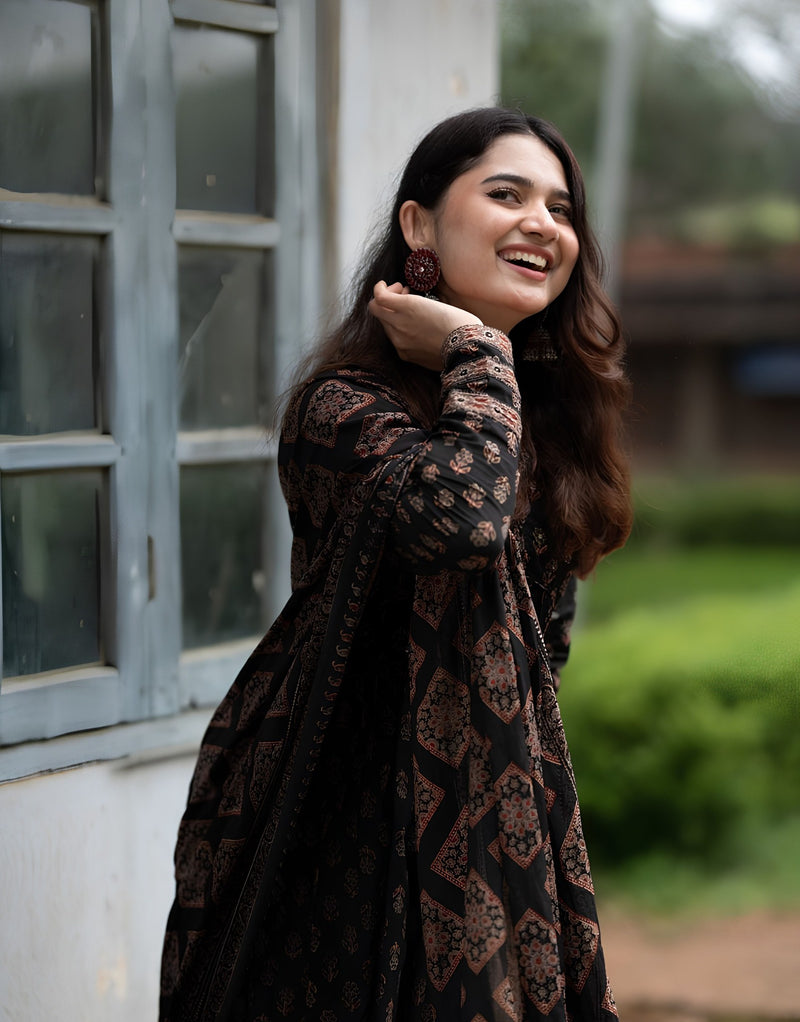 Black Ajrakh Alia Cut Anarkali Set