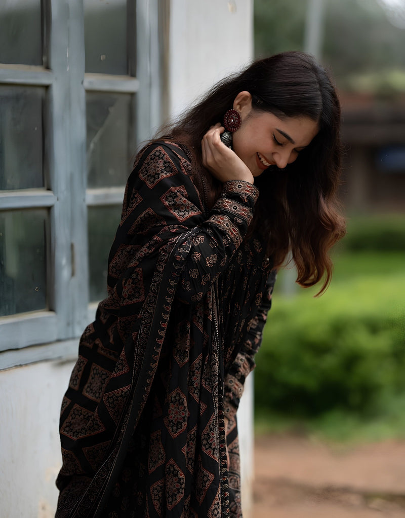 Black Ajrakh Alia Cut Anarkali Set