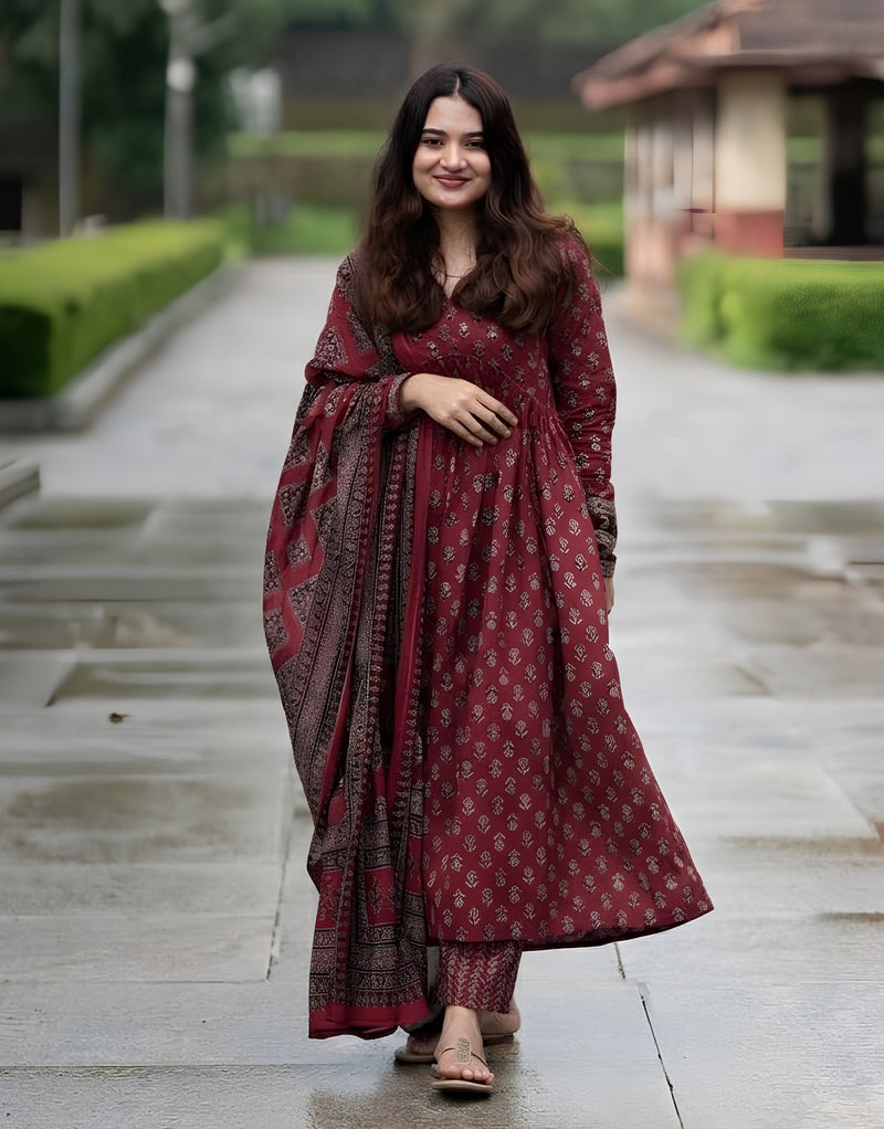 Red Ajrakh Alia Cut Anarkali Set