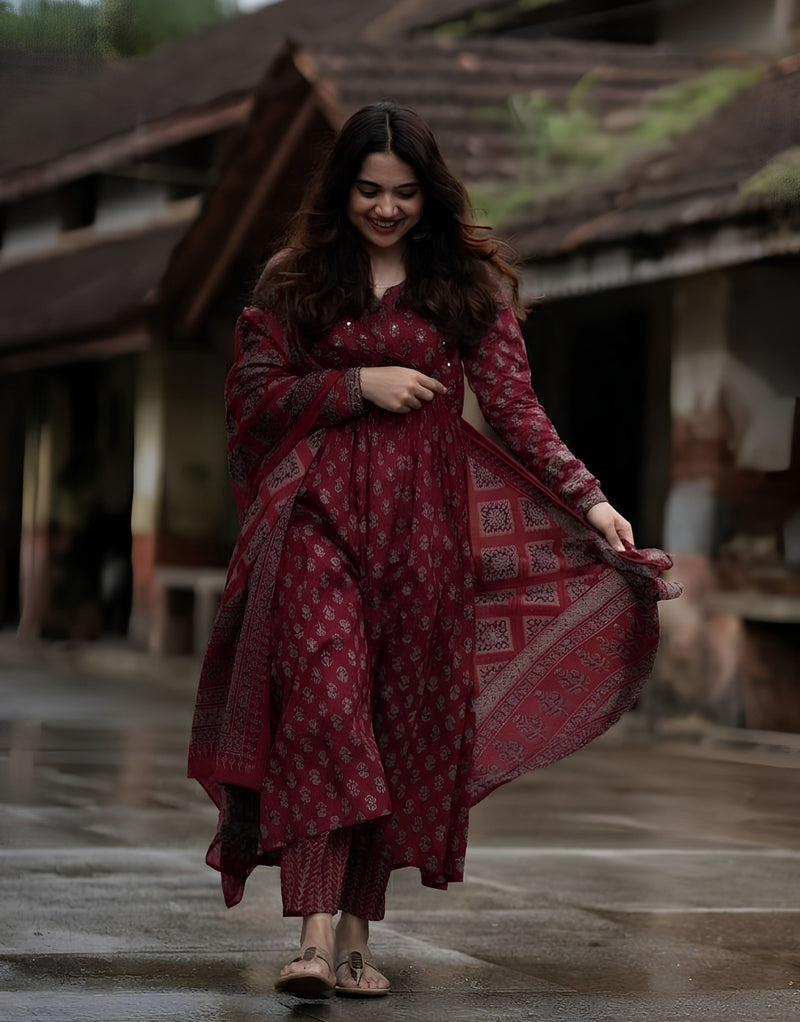 Red Ajrakh Alia Cut Anarkali Set