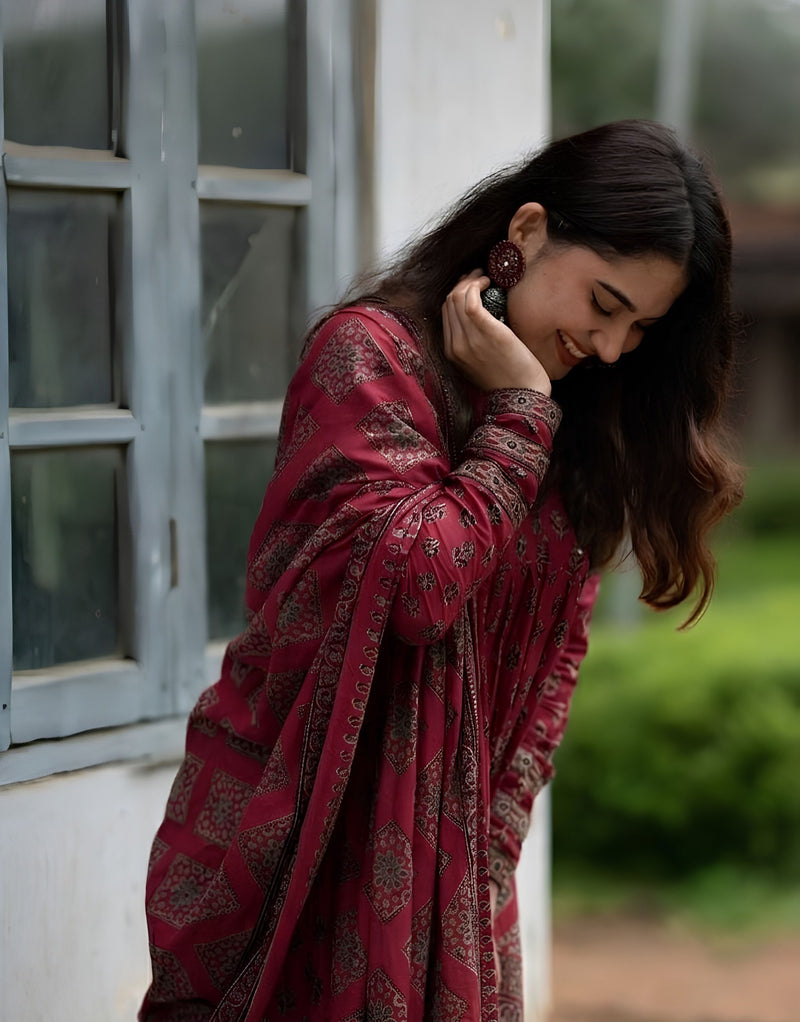 Red Ajrakh Alia Cut Anarkali Set