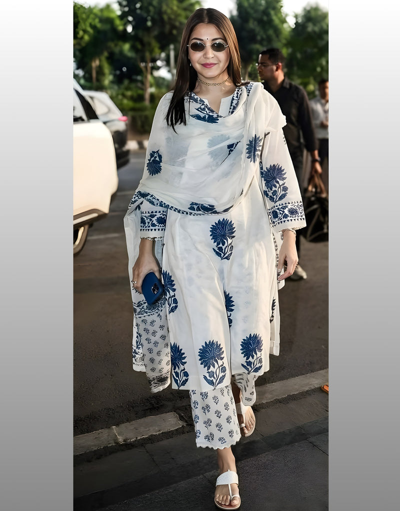 Anushka's White Blockprint Cotton kurta Set