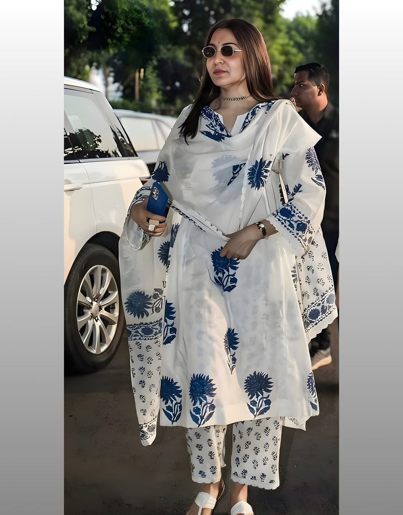 Anushka's White Blockprint Cotton kurta Set