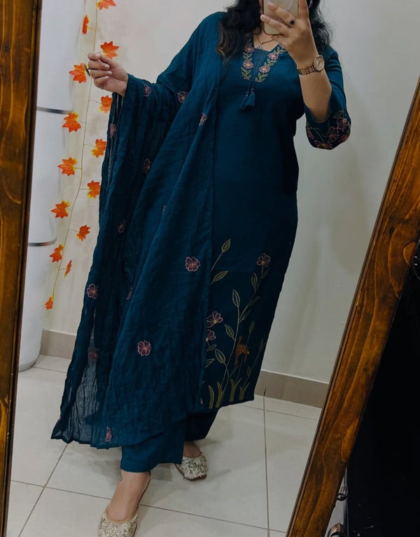 Blue V-neck Embroidered Kurta Set