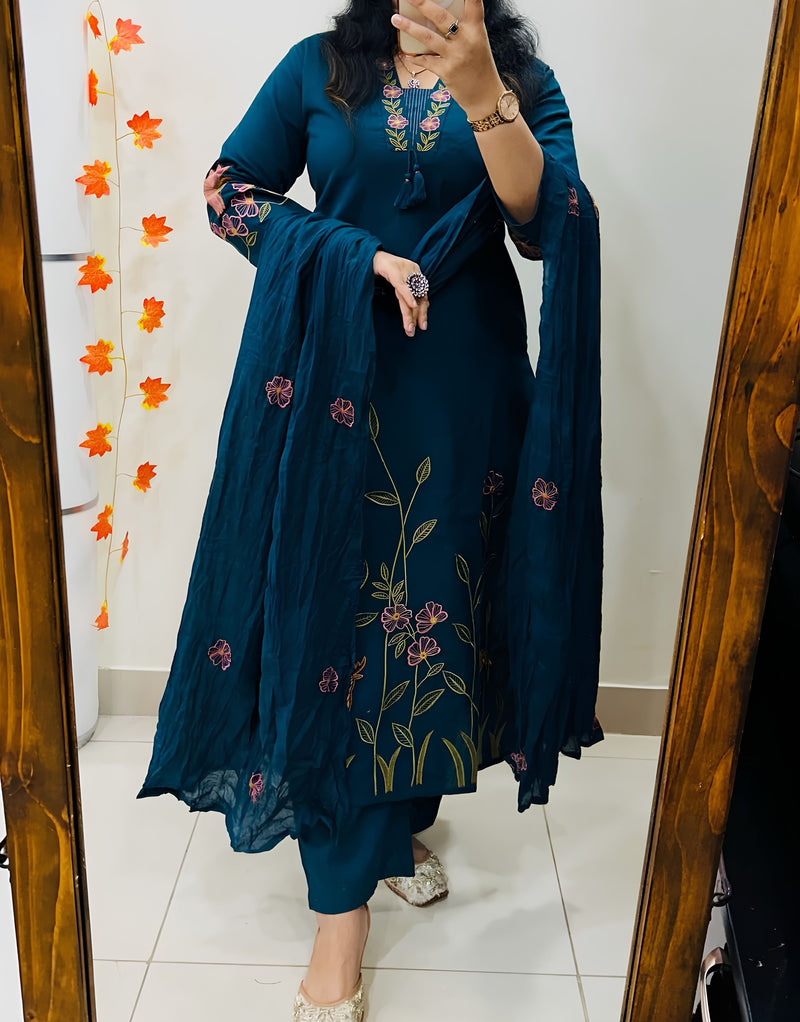 Blue V-neck Embroidered Kurta Set