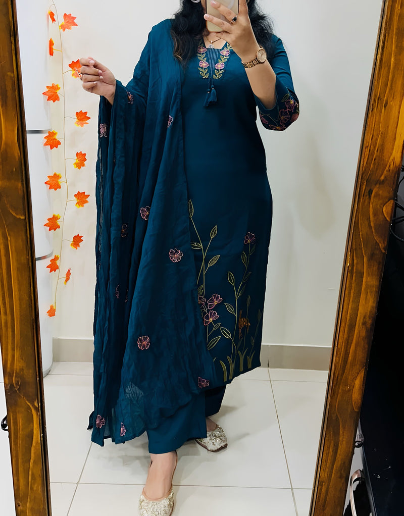 Blue V-neck Embroidered Kurta Set