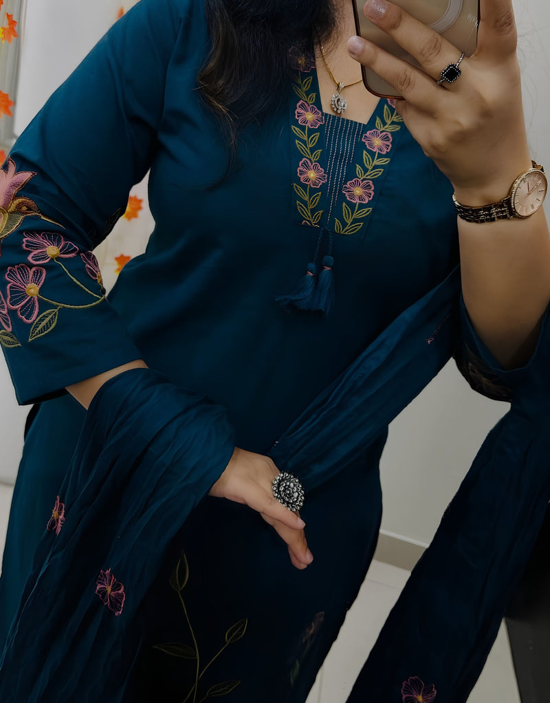 Blue V-neck Embroidered Kurta Set
