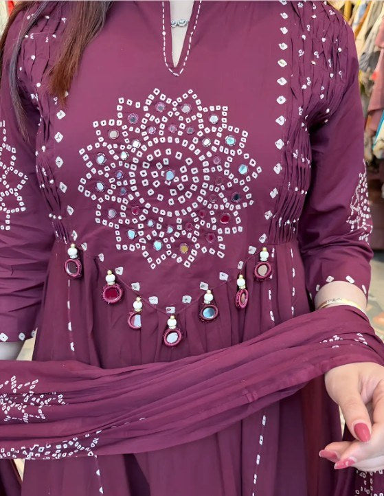 Designer Burgandy Bandhani Aline Kurti Set