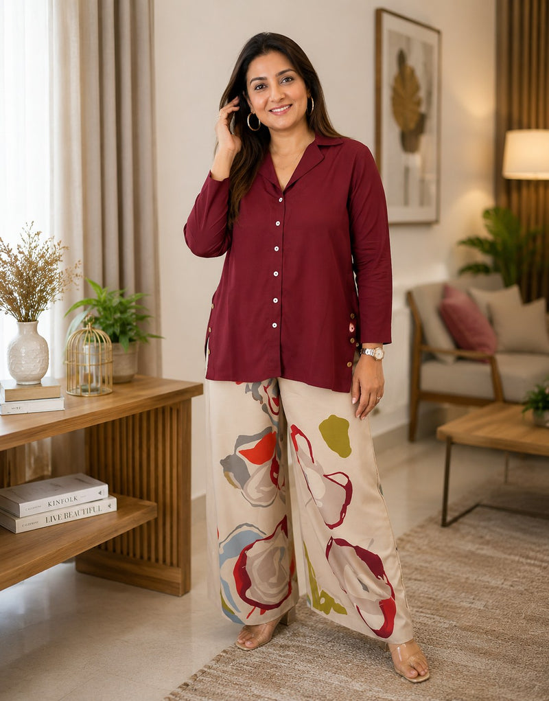 Priya's burgandy Top with Printed stylish pants