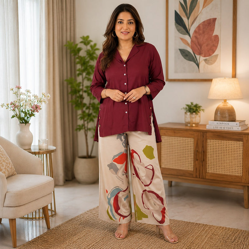 Priya's burgandy Top with Printed stylish pants