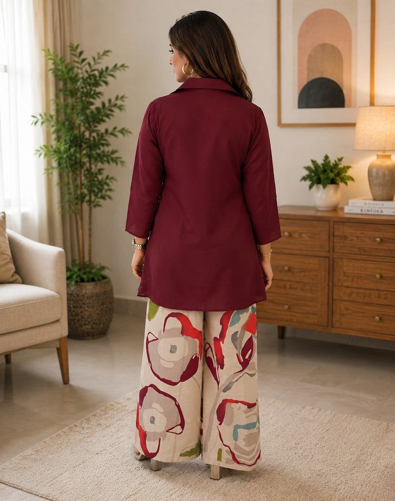 Priya's burgandy Top with Printed stylish pants