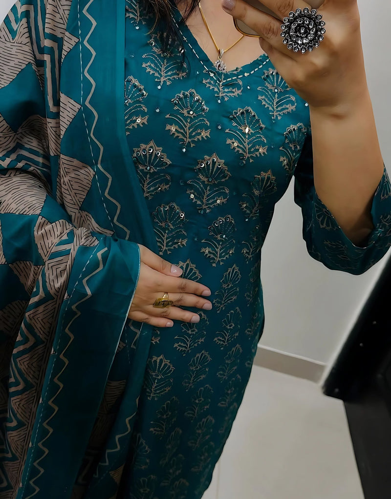 Krisha Blue Cotton printed kurta set