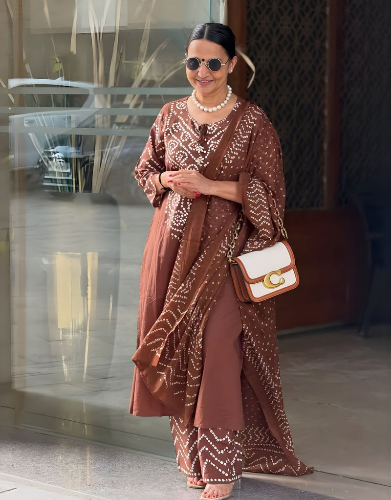 Gangori Bandhej Chocolate Kurta Set