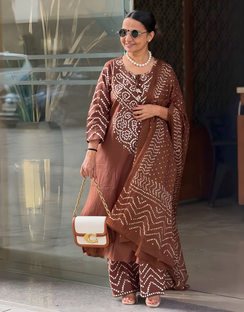 Gangori Bandhej Chocolate Kurta Set