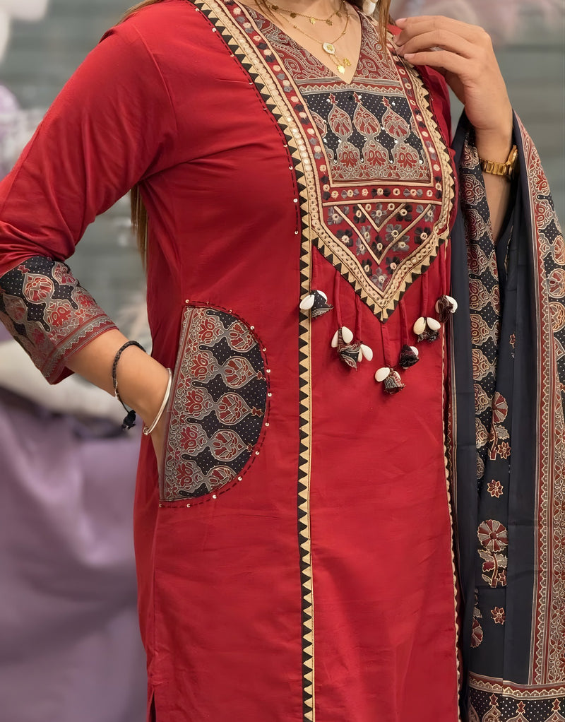 Maroon Mirza Cotton Ajrakh Patch work Kurta set
