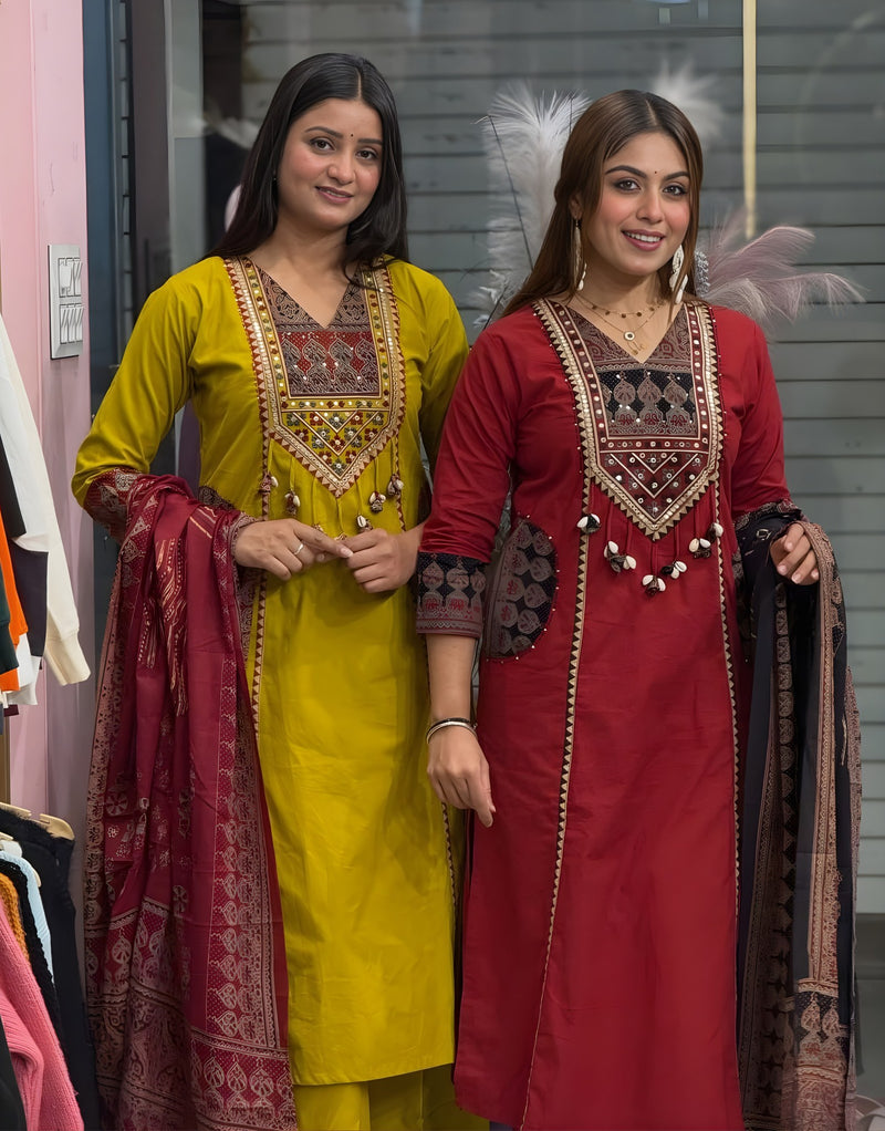 Maroon Mirza Cotton Ajrakh Patch work Kurta set